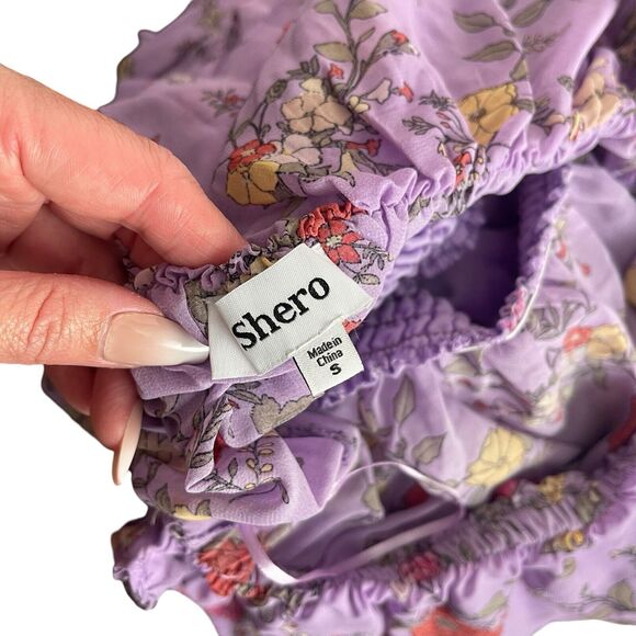 Shero Small Midi Dress Long Flowy Floral Purple Off the Shoulder Lavender - Picture 2 of 13